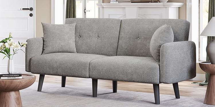 Koorlian Futon Sofa Bed, Convertible Sleeper Sofa with Armrest, Modern Fabric Small Couch, 2/3 Seater Folding Loveseat Bed for Living Room, Dorm, Office, Adjustable Splitback, 2 Pillows, Grey