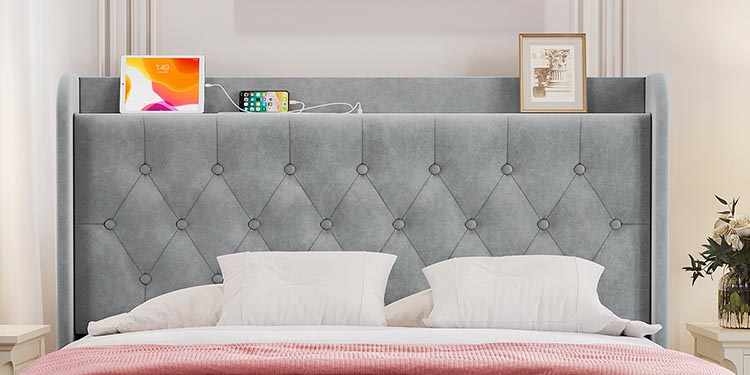 Koorlian Bed Frame, Velvet Adjustable Upholstered Platform Bed Frame with Type-C&USB Ports, Wingback Storage Headboard, Solid Wood Slats Support, No Box Spring Needed, Noise-Free, Gary